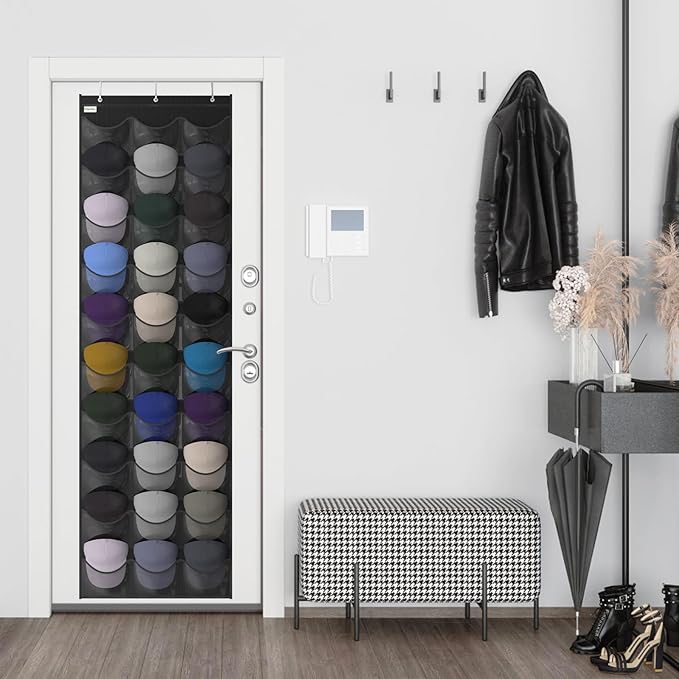 Unjumbly Baseball Hat Rack, 30 Pocket Over-The-Door Hat Organizer with Clear Deep Pockets to Display Baseball Caps Collection
