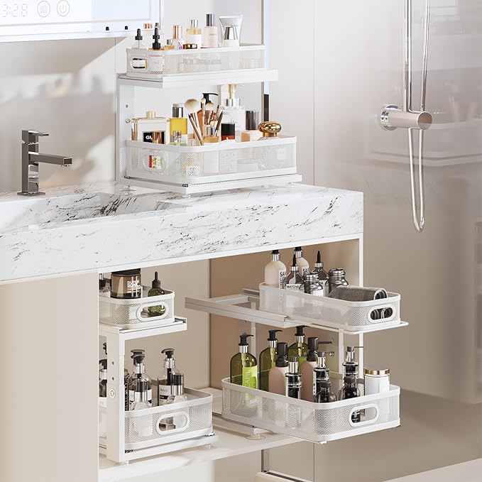 2 Pack Under Sink Organizer With Next-Gen Ball-Bearing Slides,2-Tier Precision Mesh Pull Out Cabinet Drawers Storage for Bath