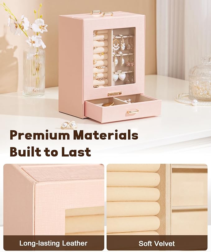 Homde Jewelry Organizer Girls Women Jewelry Box for Necklaces Rings Earrings Gift Bracelets Storage Case (Peach Pink + Gold)