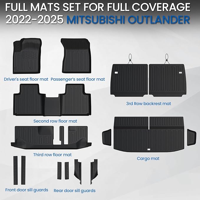 Floor Mats Cargo Mat Set for 2022-2025 2026 Mitsubishi Outlander (Not Fit Sport or PHEV), All Weather TPE Backrest Mat Trunk Mat Cargo Liner Accessories(Floor Mats+Backrest Mats+Cargo Mat)