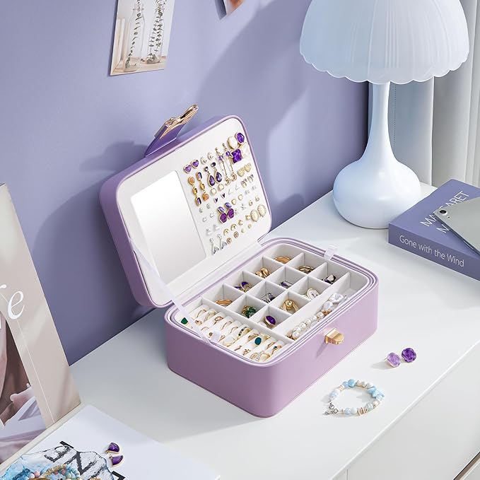 Lolalet 2 Layer Jewelry Box for Teen Girls & Young Women, Jewelry Organizer Case with Bow Clasp and Mirror for Earrings Rings