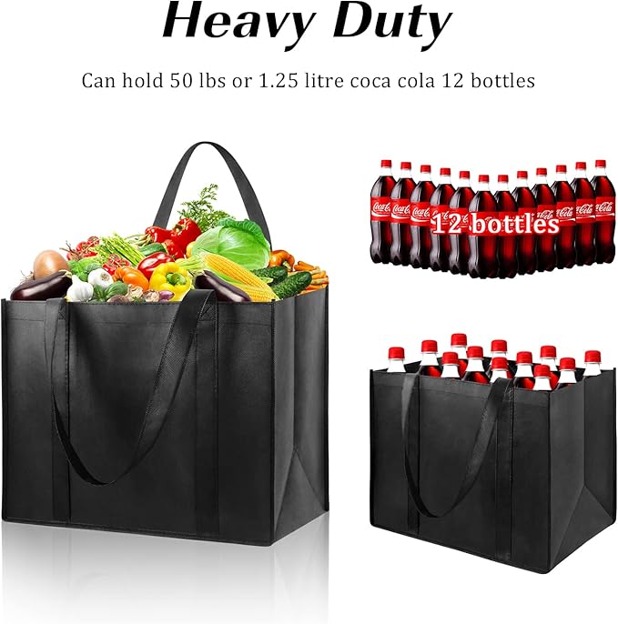 LadyRosian 10 Pack Heavy Duty Kitchen Reusable Grocery Bags, Durable XL Shopping Tote with Handle Can Hold 45+lbs, Stands Upright, Foldable & Washable (Black)