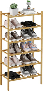 ROMGUAR CRAFT 6-Tier Bamboo Small Shoe Rack, Free Standing Wood Shoe Shelf Storage Organizer for Closet Entryway Stackable (N