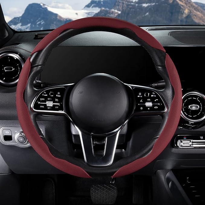 Car Steering Wheel Cover Leather Snap On 3Pcs Set Non-Slip Protector Wrap Steering Wheel Accessories 14.5-15 inch Universal W