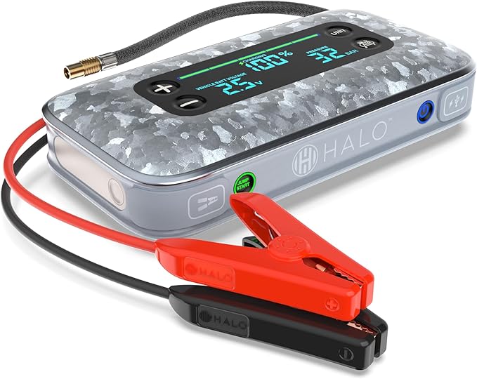HALO Bolt Air+ 1750 Portable Car Battery Jump Starter | 130 PSI Air Compressor, 59.9Wh USB Power Bank, Large Display,