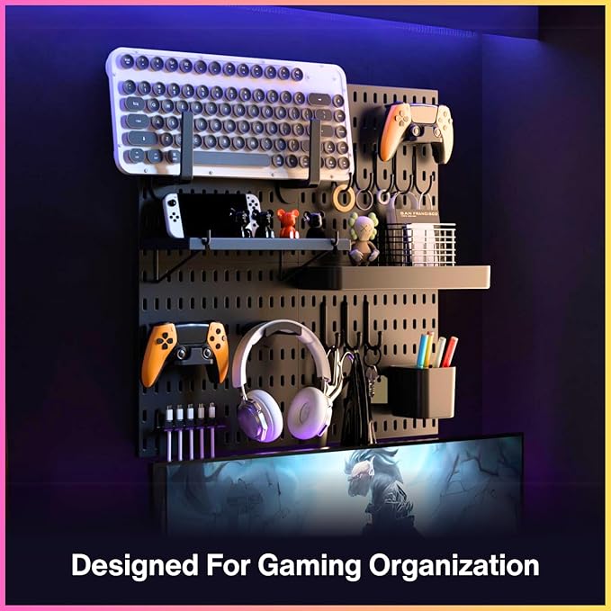 Keepo Peg Board Wall Organizer for Gaming Setup, Pegboard with Adhesives & Screw Mounts, Includes Peg Board Accessories for G