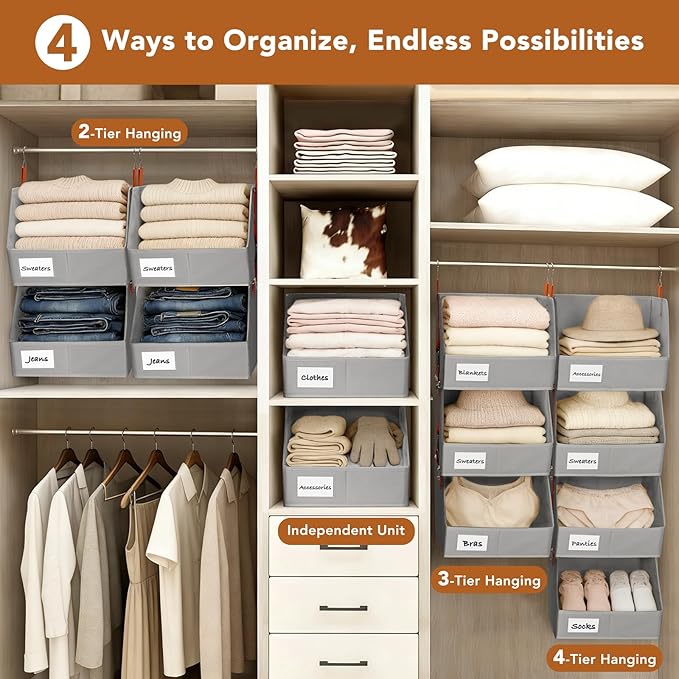 4 Pcs Modular Closet Organizer - Detachable & Foldable Hanging Storage Cubes, 88L Total Capacity, Heavy Duty Fabric Shelves f