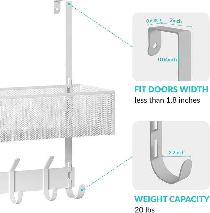 LUCYCAZ Over The Door Hooks Organizer, Door Hanger Storage with Coat Hooks Wreath Hanger & Mesh Basket, Over The Door Towel R