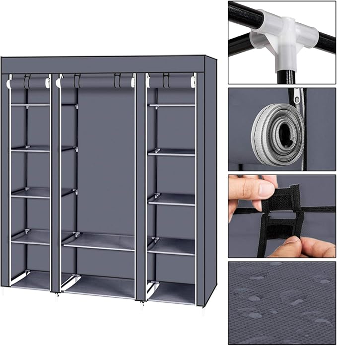 lapday 59 inches Portable Closet Wardrobe, Non-Woven Fabric Closet Storage Organizer with Hanging Rods &12 Storage Shelves, Q