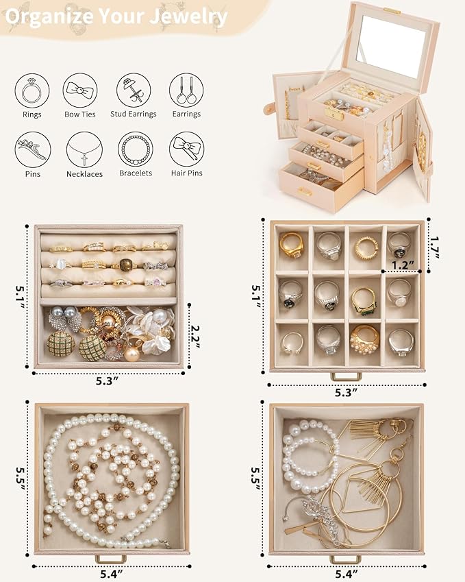 AKOZLIN 4-Tier Jewelry Box Leather Jewelry Storage Organizer with 3 Drawers Lockable for Women Girls Ring Necklace Earring Br