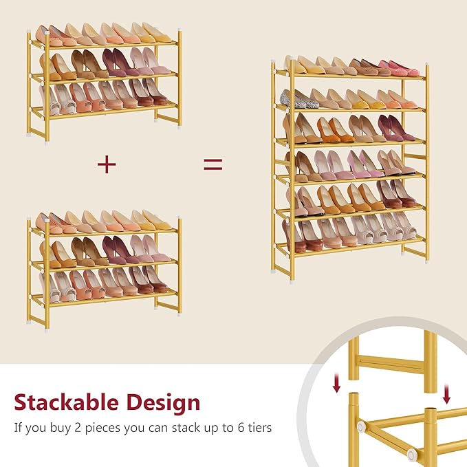 Tajsoon Expandable Shoe Rack for Closet 3 Tier, 28“-41“Adjustable & Stackable Shoe Shelf Storage, Metal Shoe Rack Organizer f