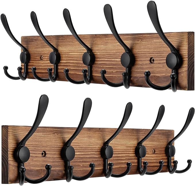 Kuhome 2pcs Coat Rack Wall Mount Wooden Hat Rack for Wall Hooks Pine Real Wood Plank 16.9" Brown Coat Hanger with 5 Triple Ho