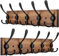 Kuhome 2pcs Coat Rack Wall Mount Wooden Hat Rack for Wall Hooks Pine Real Wood Plank 16.9" Brown Coat Hanger with 5 Triple Ho