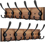 Kuhome 2pcs Coat Rack Wall Mount Wooden Hat Rack for Wall Hooks Pine Real Wood Plank 16.9" Brown Coat Hanger with 5 Triple Ho