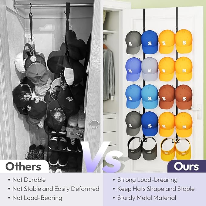 SWTYMIKI Over Door Hat Organizer - 2 Packs Metal Wall Mounted Hat Rack with 5-Tier Dual Hooks Design, Hanging Baseball Cap Or