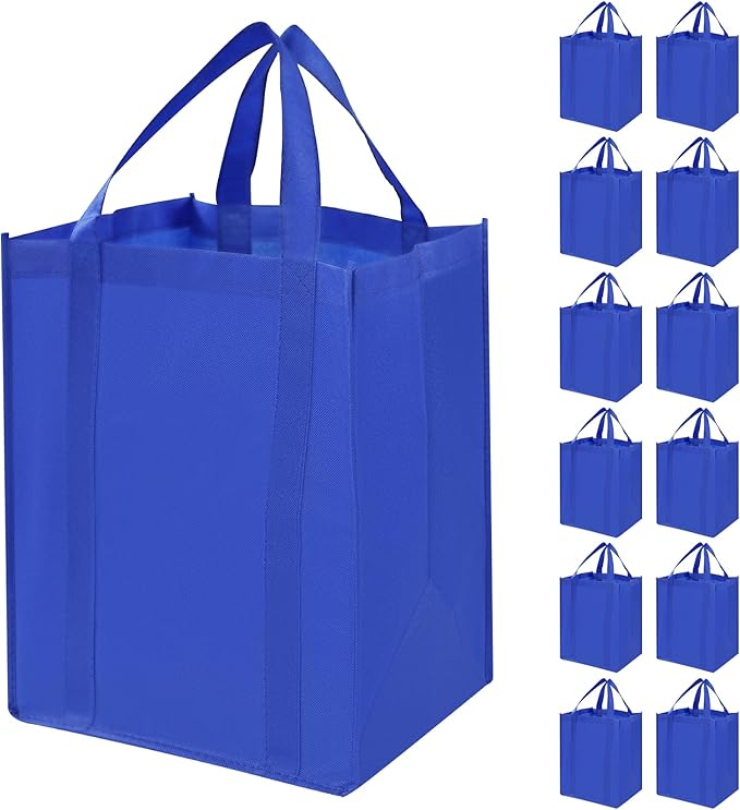 12 Pack Heavy Duty Reusable Grocery Bags - Large Shopping Totes Reinforced Handles, Holds 40 lbs, Foldable and Washable (Royal Blue)