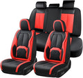 Coverado Leather Seat Covers Full Set, Black and Red Leather Car Seat Cover, Waterproof Car Seat Protector with Lumbar Suppor