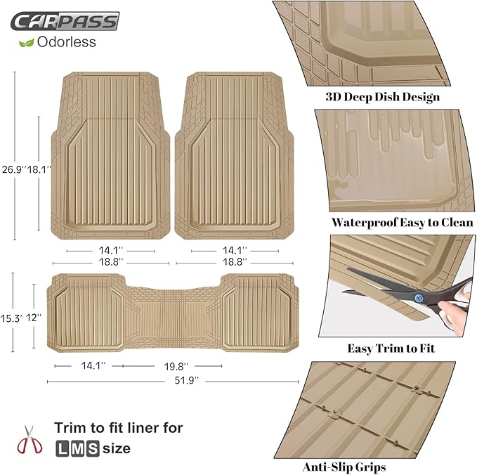 CAR PASS Heavy Duty Rubber Floor Mats for Car, Waterproof Liner Deep Dish Car Mats Full Sets, Universal Trim to Fit for SUV Truck Sedans Vans, All Weather Automotive Floor Mats 3pcs, Solid Beige