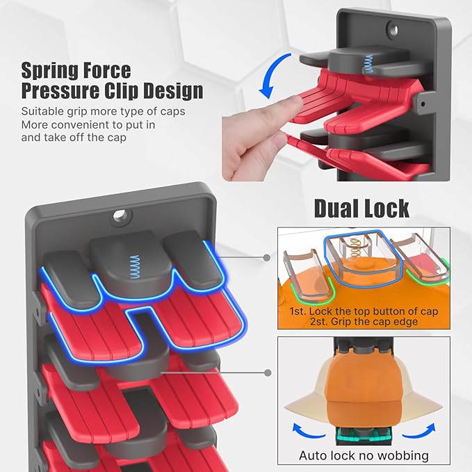 Hat Organizer for Baseball Caps 2 Packs with Built Spring Clips - Wall Mount Closet Hat Rack Holder, Storage for Wall Door/Cl