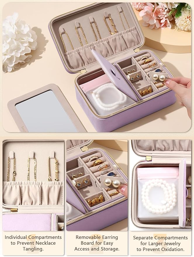 Velvet Travel Jewelry Box with Large Mirror, Double-Layer Jewelry Organizer Case for Women and Girls, Portable Storage Case w