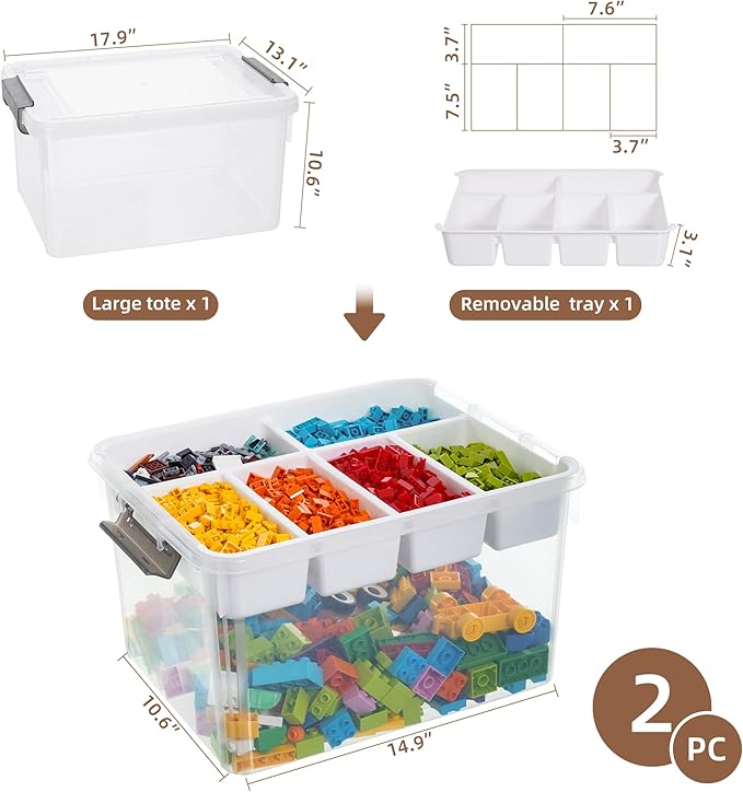 Citylife 32 QT Plastic Storage Bins with Removable Tray Large Stackable Storage Containers for Organizing Craft Storage and S