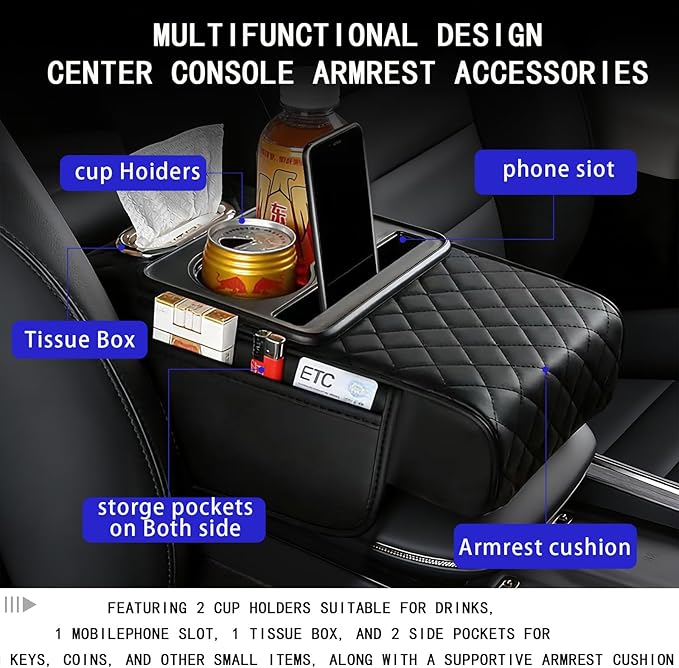 Car Armrest Cushion, Car Center Console Cover, Leather Armrest Cover for Car, Universal Middle Console Cushion with Storage Box, Cup Holder, Phone Slot, Waterproof Interior Accessories (Black)