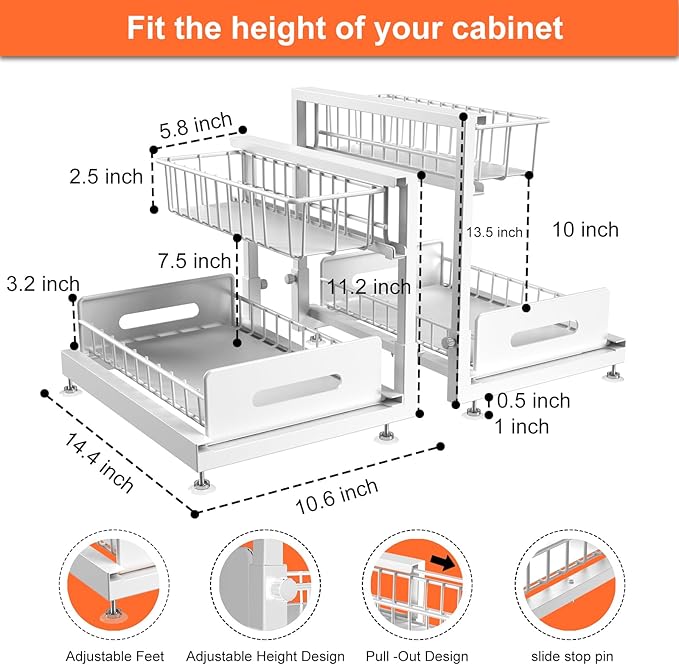 2 Pack Under Sink Organizer, Pull Out Cabinet Organizer 2 Tier Slide Out Sink Basket Drawer Sink Shelf Cabinet Storage Shelve