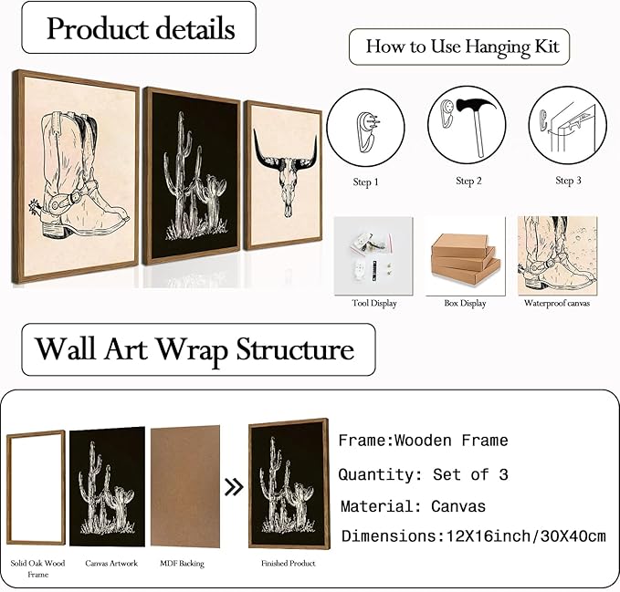 Vintage Western Wall Art Set of 3, Southwestern Cowboy Wall Decor Paintings, Black and White Longhorn Bull Skull Canvas Print