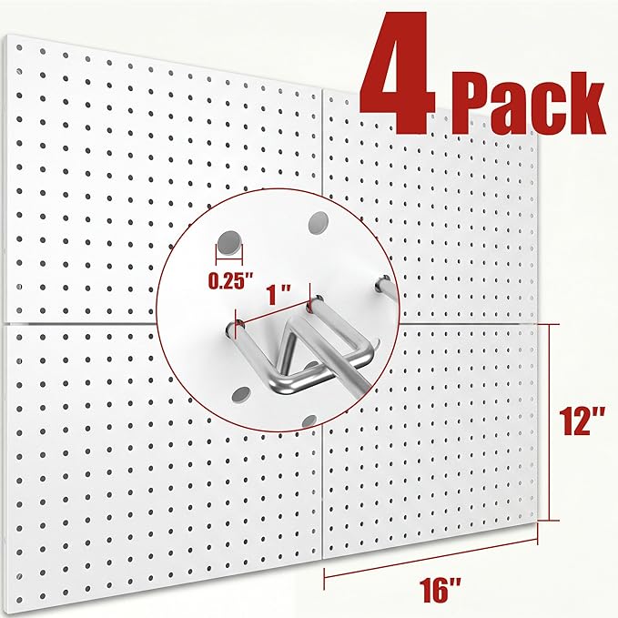 4 Pack Metal Pegboard Panels with 50 Hooks, White Pegboard Wall Organizer, Pegboard Accessories, Heavy Duty Garage Tool Stora