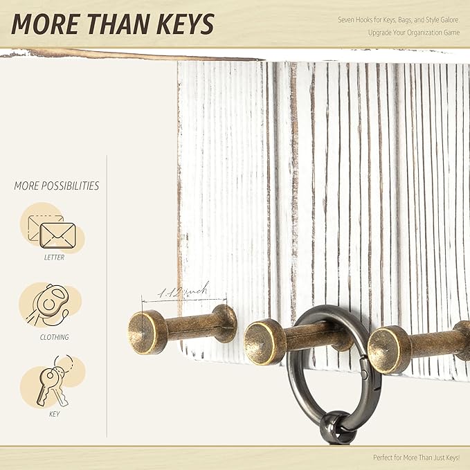 Rebee Vision Farmhouse Key Holder Wall Mount - Key and Mail Holder for Wall with 7 Sturdy Key Hooks and Floating Shelf - Boho