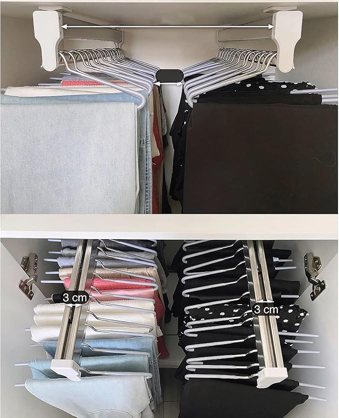 Pull Out Clothes Hanger Rail Rack - With 2 Sliding Rails Adjustable Extendable Clothes Rail, Extendable Pull Out Closet Rod, 