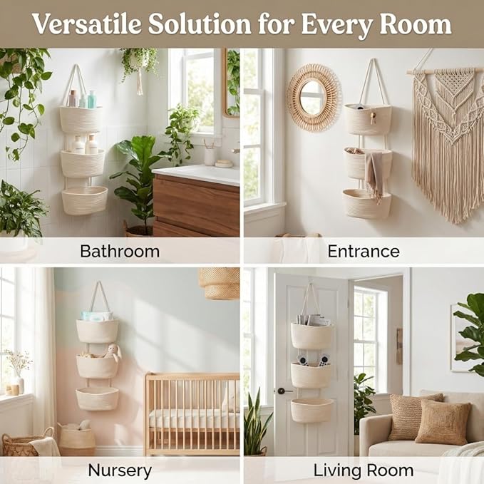 Hanging Wall Basket, Over the Door Hanging Basket with Hooks for Storage, Organizing, Decorative Boho Decor for Nursery, Bedr