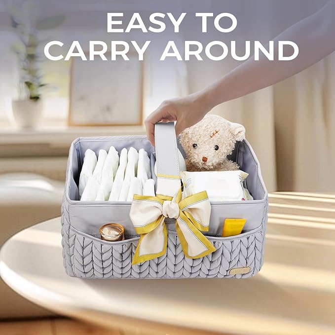 Luxurious Baby Diaper Caddy, Nursery Storage Basket for Newborn Boy and Girl, Travel Baby Basket for Diapers Baby Wipes, Orga