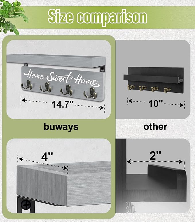 buways Key Holder Wall Mount with 4 Double Hooks-Solid Wood Wall-Mounted Organizer for Keys&Mail Rustic Key Rack Hanger Holde