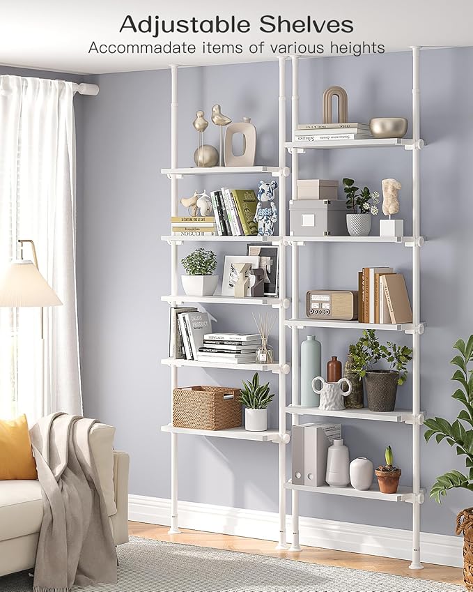 ALLZONE 5 Tiers Narrow Bookshelf, Tall Adjustable Ladder Book Shelf with Open Storage, Floor to Ceiling Tension Mount, Wooden