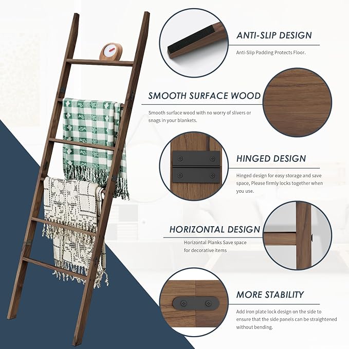 Acacia Wood 6-Tier Blanket Ladder, 5.7FT(66.5'') Blanket Quilt Towel Holder Rack Decorative Ladder Wooden, Easy Assembly, Rus