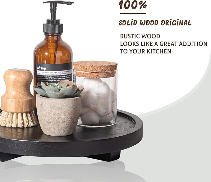 Round Decorative Tray Wood Bathroom Counter Organizer Farmhouse Kitchen Decor Wooden Riser for Soap Dish, Perfume, Candle, Sp