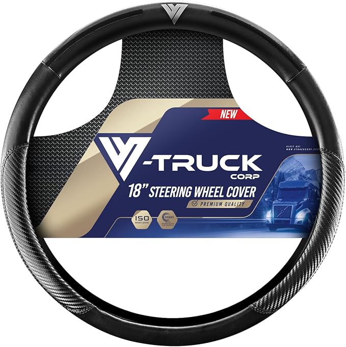 18-Inch Genuine Leather Steering Wheel Cover for Semi Trucks – Black with Black Stripes, Universal Fit Heavy-Duty Non-Slip Grip, Comfortable Control, Easy Installation
