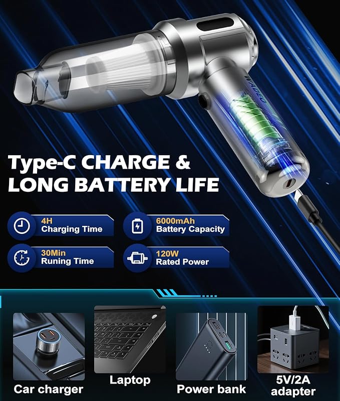 WADEO Car Vacuum Portable Cordless 18000PA, 4-in-1 Handheld Vacuum Cleaner and Air Duster with LED Display & Multi-Nozzles, M