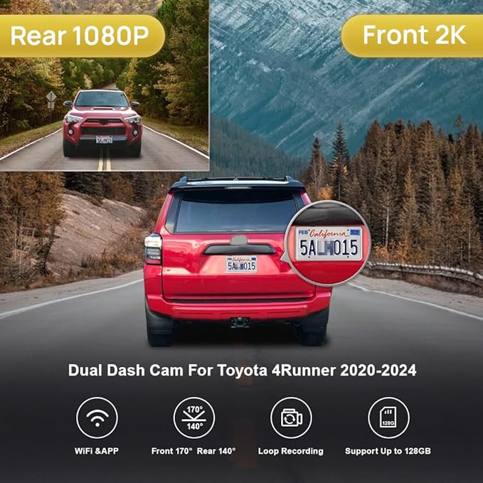 Fitcamx 2K Dual Dash Cam for 2020-2024 Toyota 4Runner TRD Sport Limited Pro Off-Road Venture SR5 Premium, OEM Style, Front 14