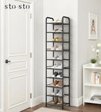 STO STO 10-Tier Narrow Shoe Rack with Sturdy Mesh Shelves, Slim Tall Metal Shoe Organizer for Entryway, Closet, Hallway, Hold
