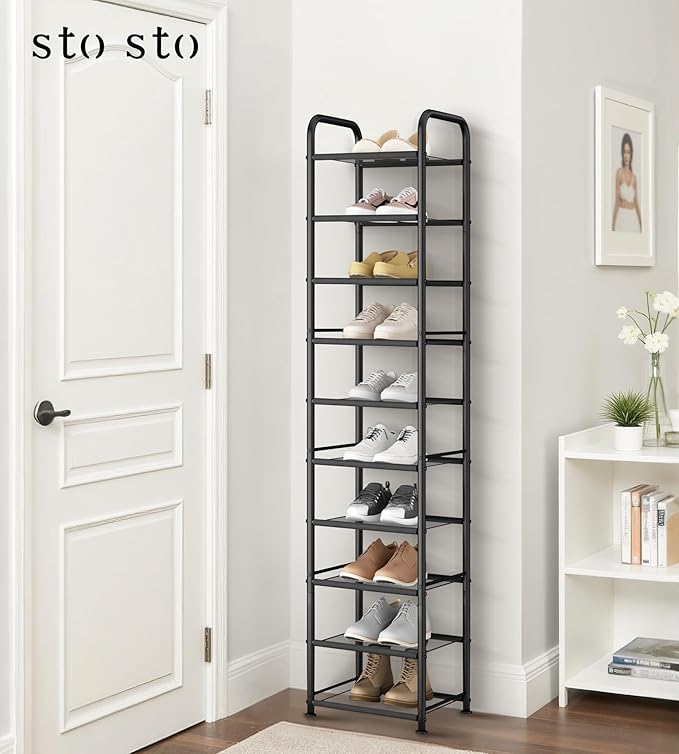 STO STO 10-Tier Narrow Shoe Rack with Sturdy Mesh Shelves, Slim Tall Metal Shoe Organizer for Entryway, Closet, Hallway, Hold