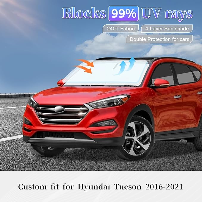 for Hyundai Tucson 2016-2021 Sun Shade Sunshade Windshield Cover,4-Layer Front Window Shade Custom fit Tucson Sun Visor 240T Retractable Shade Blocks UV Rays Cooler Car Accessories