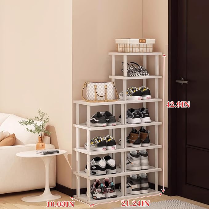 Bamboo Shoe Rack 12 Tier- Vertical Shoe Rack for Small Spaces, Tall Narrow Shoe Rack Organizer for Closet Entryway Corner Gar