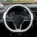 SEG Direct Flat Bottom Steering Wheel Cover, D Shaped Car Wheel Cover 14 1/2-15 in. (37-39 cm), Black White Microfiber Leathe