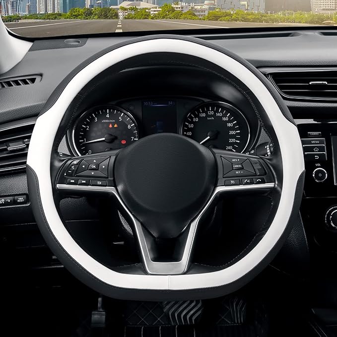 SEG Direct Flat Bottom Steering Wheel Cover, D Shaped Car Wheel Cover 14 1/2-15 in. (37-39 cm), Black White Microfiber Leathe