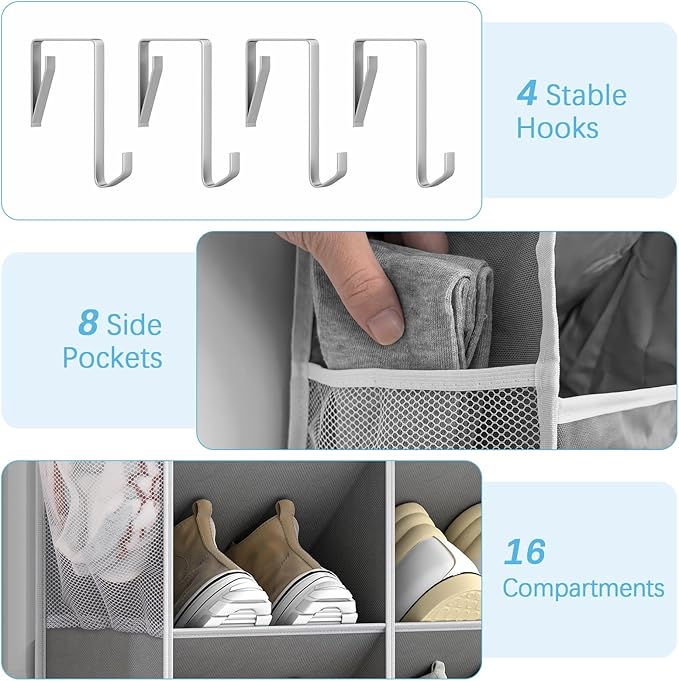 Yecaye 8 Tier Over the Door Shoe Organizer of Deep 16 Compartments, 50lbs Load Shoe Rack for Door in Oxford Holds 16-24 Pairs