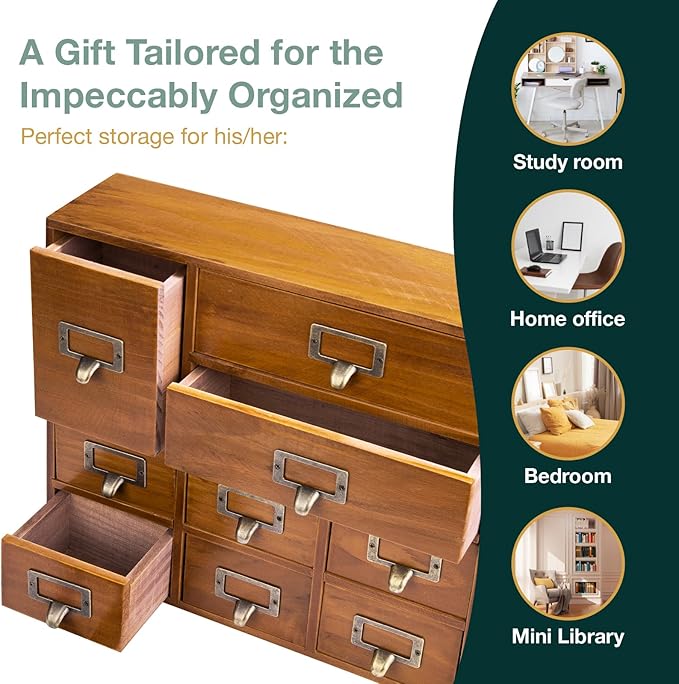 12-Drawer Apothecary Cabinet - Index Card Organizer - Vintage Chest of Drawers - Mahogany Wooden Organizer - Office Desktop D