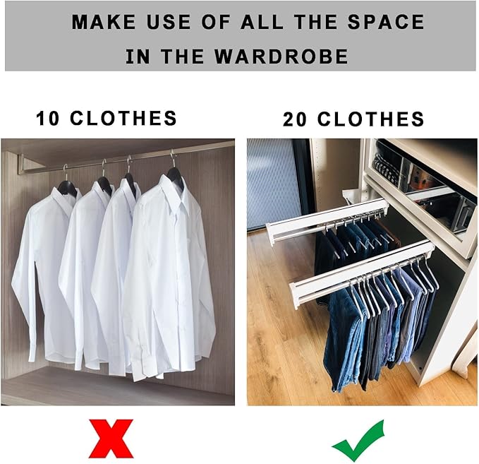 Pull Out Clothes Rail Extendable Clothes Rail - Sliding Wardrobe Closet Rod, Wardrobe Pull Out Clothes Hanger, Adjustable Sli