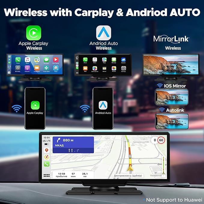 LAMTTO 9.26" Wireless Carplay and Android Auto with 2.5K Dash Cam, 1080P Backup Camera, Portable Touchscreen GPS Navigation f